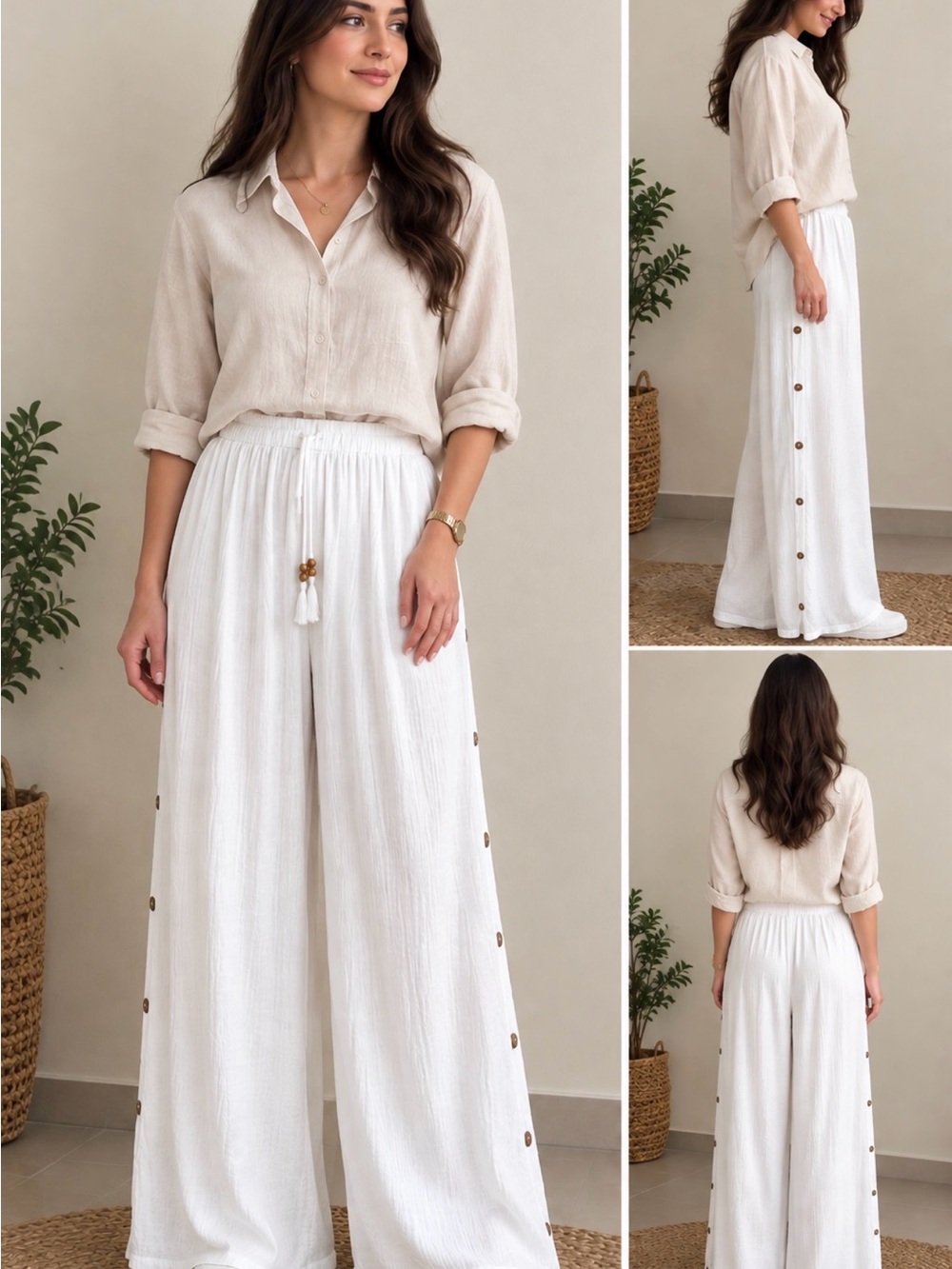 White Wide-Leg Button-Trim Cotton beach Pants